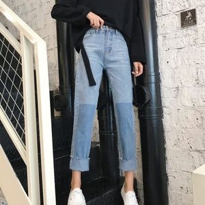 Two-tone straight cut cropped jeans